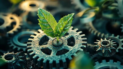 Emerging green plant thriving amidst industrial metal gears