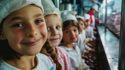 Obraz premium Smiling children in white uniforms and chef hats line up excitedly in a bustling kitchen, eager to learn and create in a joyful culinary setting.