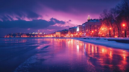 Cityscape at Dusk with Snowy Harbor