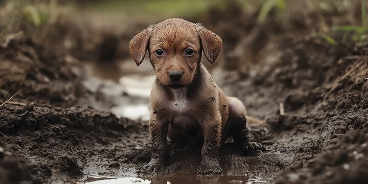  a puppy near muddy puddly