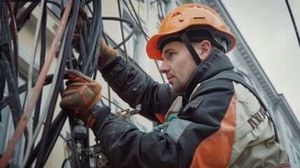 Obraz premium A construction worker in a hard hat skillfully manages a tangle of cables, focused and determined, amid the hustle of a bustling city setting.