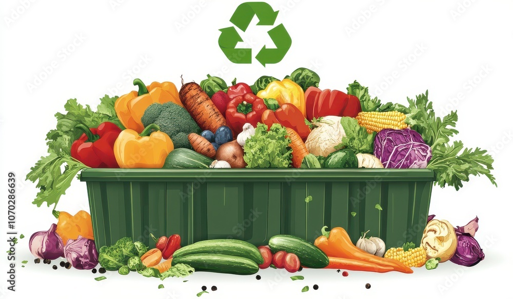 Poster a green container filled with a variety of vegetables and fruits. the container is labeled with the 