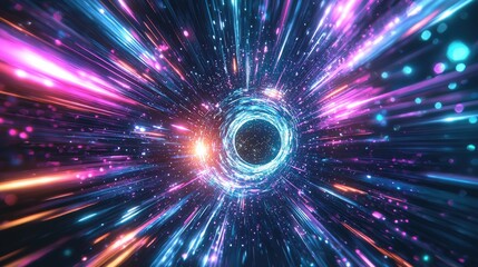 Fototapeta premium A mesmerizing cosmic vortex swirls with vibrant blues and purples, suggesting a journey through time and space in a futuristic, otherworldly panorama of light.