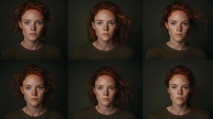 A series of portraits capturing a red-haired woman with subtle, natural expressions against a dark background, showcasing different moods.
