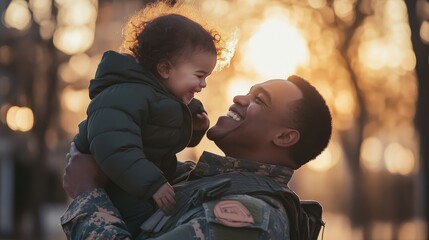 A father in uniform lifts his child into the air, both laughing and smiling in joy.
