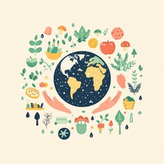 A colorful drawing of a globe with a hand on it and various plants and food items surrounding it. The idea behind the drawing is to promote the importance of taking care of the environment