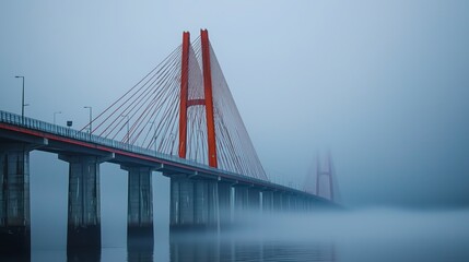 A serene suspension bridge disappears into morning fog, creating a mysterious and tranquil atmosphere over the calm waters.