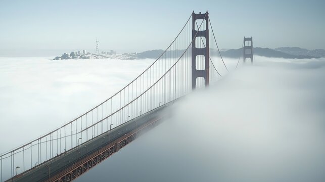 The iconic Golden Gate Bridge towers above the dense morning fog, offering a breathtaking view of San Francisco's skyline. - Powered by Adobe