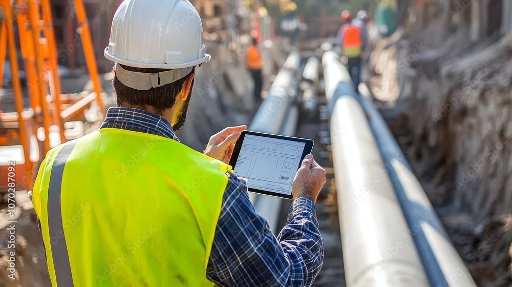 Poster construction engineer using digital tablet inspects pipeline installation progress at worksite