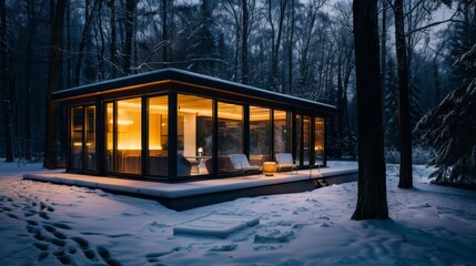 A modern glass cabin illuminated from within stands amidst a snow-laden forest, merging sleek design with the serenity of nature.