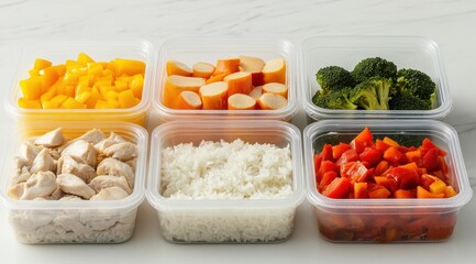 A variety of food items are arranged in six plastic containers, including rice, broccoli, carrots, and chicken. Concept of abundance and variety, as well as the idea of healthy eating