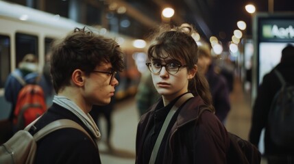 Fototapeta premium A young couple waits amid a bustling train station, captured in a moment of anticipation under the ambient glow of evening lights.