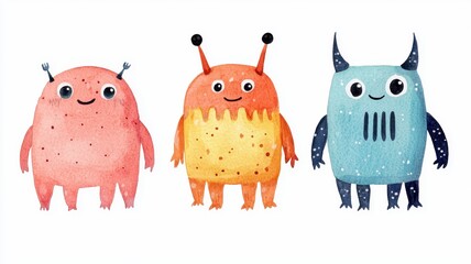 Three colorful, whimsical monsters with happy faces, featuring unique designs and playful elements, perfect for children's illustrations or decorations.