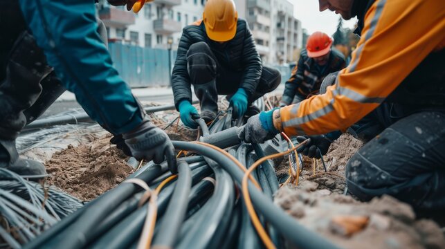 Workers in helmets coordinate as they expertly handle a tangle of cables for installation, showcasing teamwork and engineering skills in an urban setting.