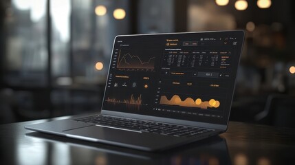Laptop Displaying Digital Financial Analytics Tool with Modern Interface and Data Visualization