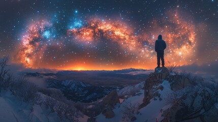 Obraz premium A lone figure stands on a snowy peak, mesmerized by the stunning celestial display of stars and a vibrant sunset.