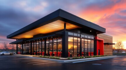 A restaurant with a red roof and a large window. The inside of the restaurant is lit up with a warm glow