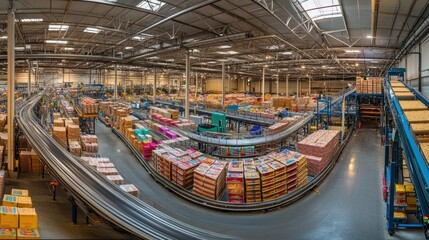 Panorama showing a cereal production factory, where conveyor belts and automated systems at the top package boxes of cereal. In the center, rows of bright cereal boxes are aligned