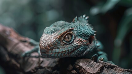 Obraz premium A vibrant green lizard perches on a branch, blending in with its verdant jungle habitat, eyes keenly observing.