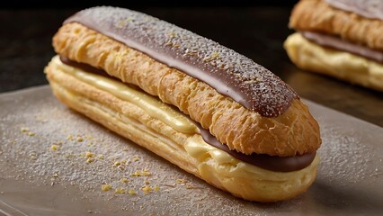 Traditional french Eclairs with chocolate. Tasty colorful dessert profiteroles