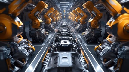 Fototapeta premium Panorama showing a high-tech automotive engine assembly line, with robotic arms at the top meticulously assembling parts
