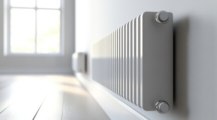 Modern heating radiator in a bright, minimalist room during daytime, showcasing design and functionality