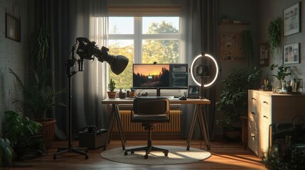 Bright, Modern Streaming Studio with Natural Light, Featuring Camera, Microphone, and Ring Light Setup Around Desk for Professional Content Creation in a Cozy and Organized Workspace