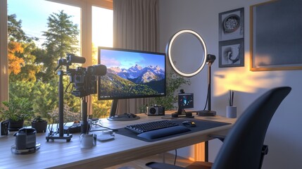 Bright, Modern Streaming Studio with Natural Light, Featuring Camera, Microphone, and Ring Light Setup Around Desk for Professional Content Creation in a Cozy and Organized Workspace