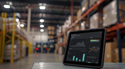 A touchscreen tablet displays inventory analytics in a brightly lit warehouse, highlighting technology's role in modern logistics.