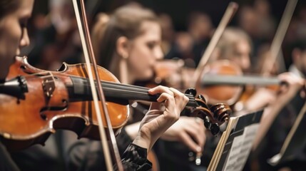 A close-up of violinists in a symphony orchestra, fingers expertly dancing on strings, capturing the passion and harmony of a live performance.