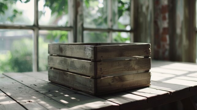 Fototapeta Sunlight filters through a window onto an empty wooden crate on an aged table, creating a serene still life.