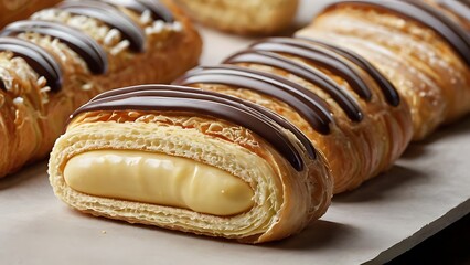 Traditional french Eclairs with chocolate. Tasty colorful dessert profiteroles