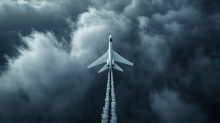 A jet is flying through a stormy sky