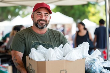 A man is smiling and holding a box of plastic bags. The scene appears to be a market or a gathering where people are buying and selling items