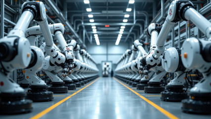 Robotic assembly line with multiple industrial robots working in harmony for efficient production.