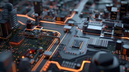 A complex circuit board lit with glowing orange pathways symbolizes the heartbeat of modern technology and innovation.