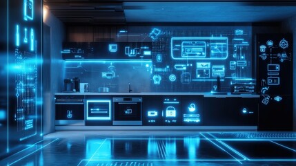 Fototapeta premium A futuristic, fully automated home with smart appliances, digital assistants, and AI-controlled systems.