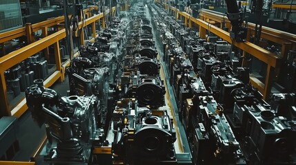 Panoramic shot of a bustling engine production line, where automated machines in the top section are bolting engine components. Rows of robust