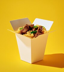 A white box with a yellow background and a plate of food inside. The food is a mix of rice and meat, with some vegetables and peppers. The image has a casual and relaxed vibe, as it is a simple