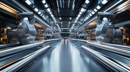 Fototapeta premium Panoramic view of an advanced stainless steel manufacturing line, with robotic machinery above crafting components