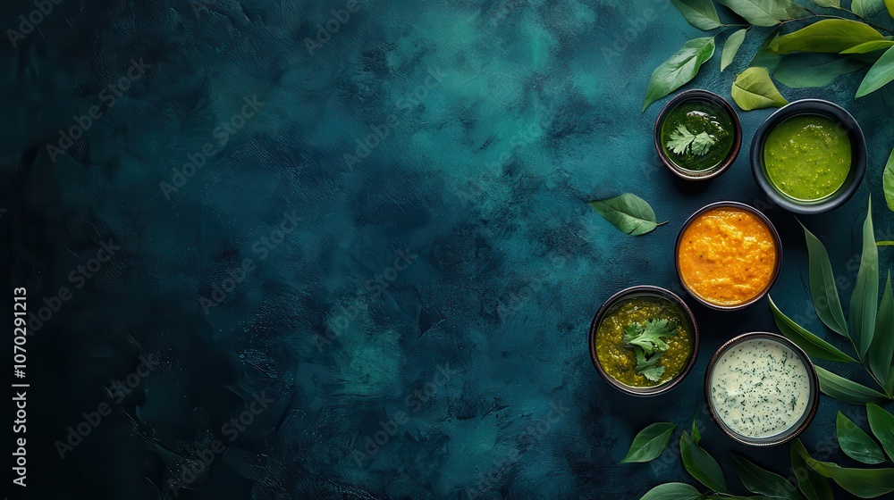 Poster a blue background with a variety of condiments in bowls. the bowls are arranged in a row and are of 