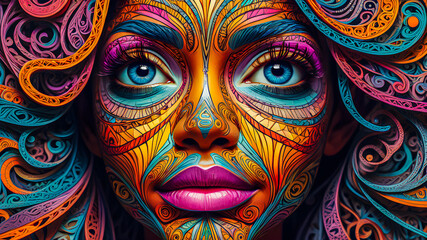 Colorful artwork, artistic portrait of charming girl woman featuring surreal abstract doodle style faces with vibrant colors and shapes Hand drawn painted female character illustration. Generated Ai