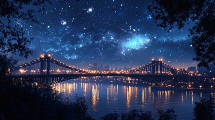 Fototapeta premium Nighttime Cityscape with Bridge and Starry Sky