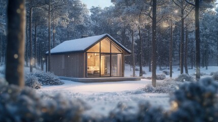 Small 3D-rendered cabin with a snow-covered roof, glass panels giving a view of the frosty forest.