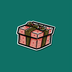 Gift pink color and green ribbon christmas illustration vector design isolated in a green background sticker style