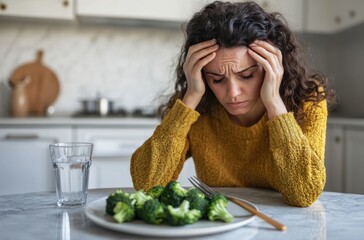 A woman is sitting at a table with a plate of broccoli in front of her. She is looking at the broccoli with a frown on her face