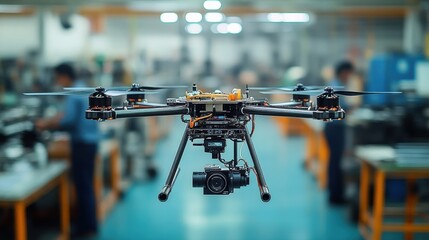 Drone captures aerial views in a manufacturing facility during daylight hours, showcasing advanced technology and precision