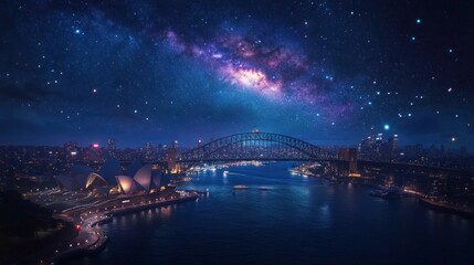 Sydney Harbour Bridge and Opera House Under Milky Way