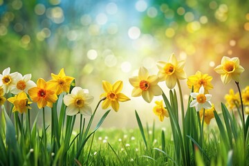 Obraz premium Abstract summer garden with blooming daffodils and green grass