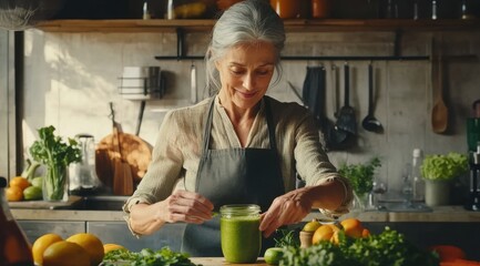 A woman is making a green smoothie in a kitchen. She is smiling and she is enjoying the process. The kitchen is well-stocked with various fruits and vegetables, including apples, oranges, and carrots - Powered by Adobe